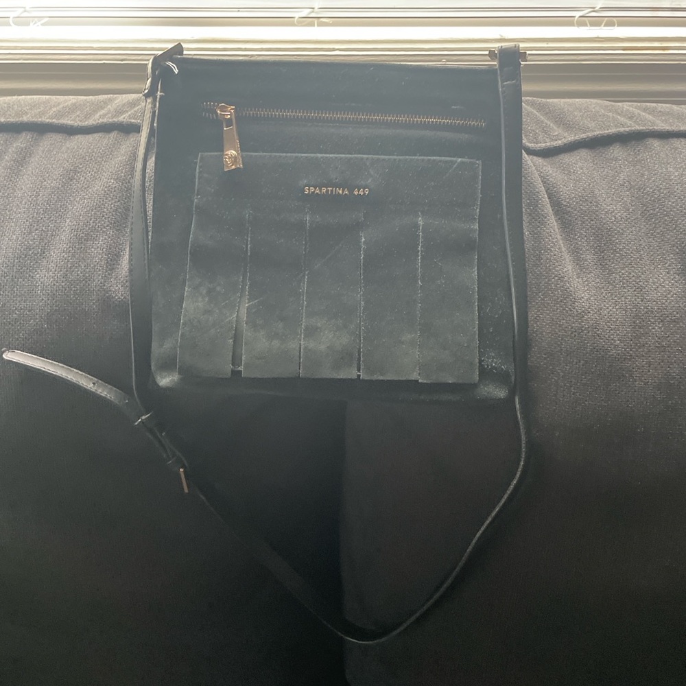 Spartina 449 Black Suede Crossbody Bag Tassel Pocket Leather Trim